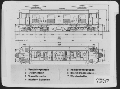 883991 Zijaanzicht en bovenaanzicht van de electrische locomotief nr. 401 van de S.B.B.